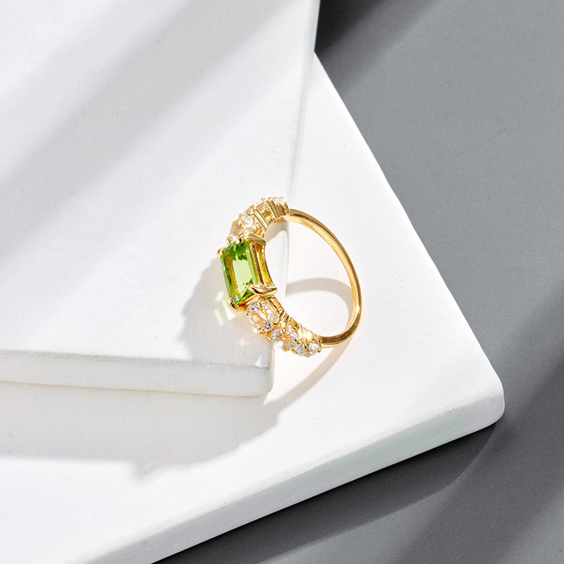 Plating K Gold Inlaid Rectangular Green Olive Ring