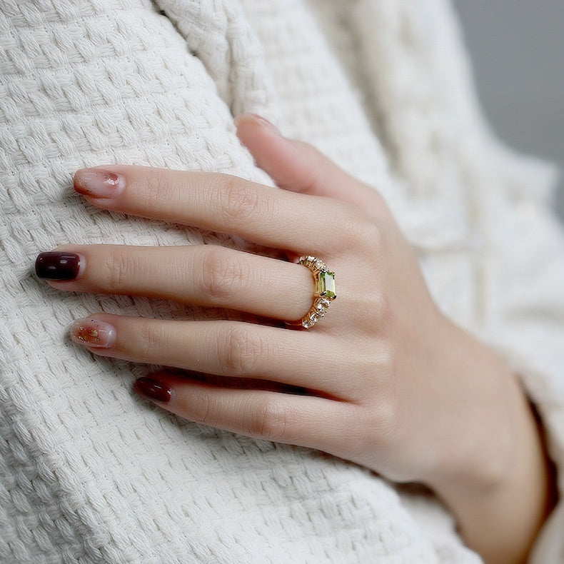 Plating K Gold Inlaid Rectangular Green Olive Ring